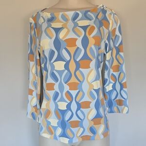 J. McLaughlin lt blue/tan/cream retro print stretchy top-M